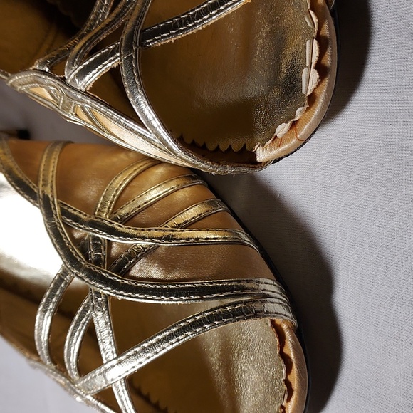 Gold Satin Upper Leather Sole Women's Shoes Open Toe Criss Cross Design - Picture 10 of 10